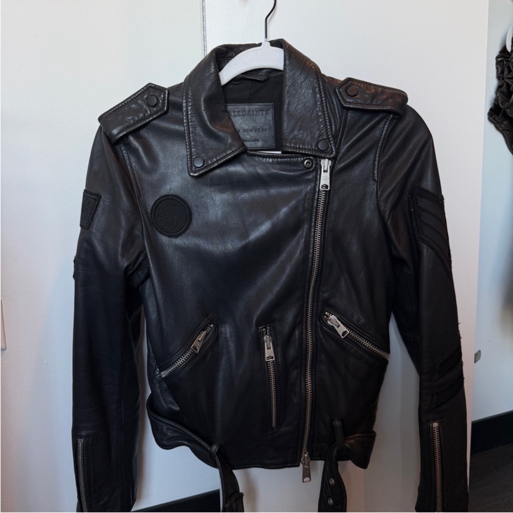 All Saints Balfern Black Leather Badge Jacket